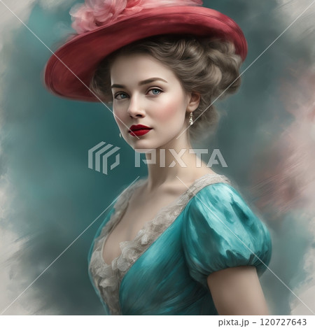 Elegant woman in vintage pink attire, charming portrait 120727643