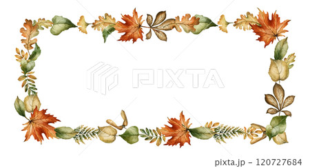 Autumn foliage. Frame of fall leaves. Maple, oak, fern, rowan, birch, ginkgo. Watercolor hand drawn floral illustration isolated on white background for fall design, cozy cards, prints, labels, tags 120727684