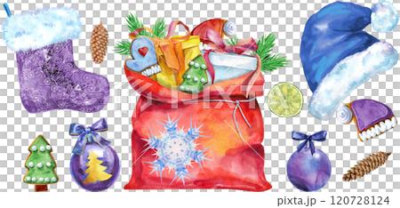 Christmas Santa hat, bag, ball and sock for gift, watercolor illustration Christmas Santa hat, bag, ball and sock for gift, watercolor illustration 120728124