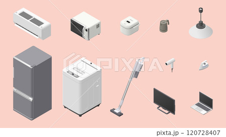 アイソメトリック図法で描いた家庭用電気製品のイラスト12点セット 120728407