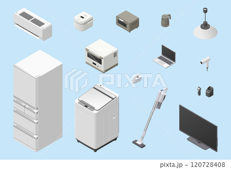 アイソメトリック図法で描いた家庭用電気製品のイラスト14点セット アイソメトリック図法で描いた家庭用電気製品のイラスト14点セット 120728408