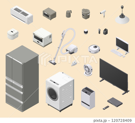 アイソメトリック図法で描いた家庭用電気製品のイラスト20点セット 120728409