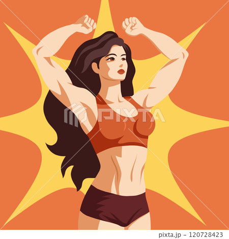 Vector poster with a woman bodybuilder in retro poster style. Strong muscular woman. Female power. Postcard with a sporty woman 120728423