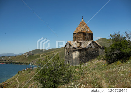 Majestic Sevanavank Monastery overlooking Lake Sevan in Armenia on a clear sunny day 120728445