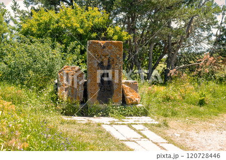 Exquisite architectural detail at Sevanavank monastery in Armenia surrounded by natures beauty 120728446