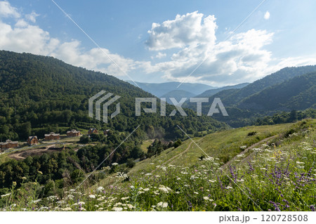 Breathtaking view of Dilijan Armenia showcasing lush hills and serene nature in vibrant daylight Breathtaking view of Dilijan Armenia showcasing lush hills and serene nature in vibrant daylight 120728508