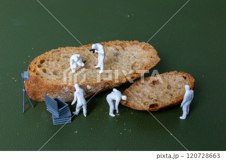 Miniature figurines dressed as forensic investigators examining bread slices with equipment Miniature figurines dressed as forensic investigators examining bread slices with equipment 120728663