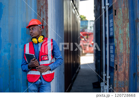 Male African American person foreman holding tablet standing containers loading. Industrial logistics import export and shipping. 120728668