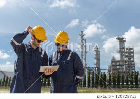 Team professional electrical engineer safety uniform working together at station refining oil petrochemical using tablet. Industrial factory site control energy power station. 120728713