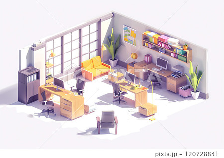 Flat design office environment, 3D animation, desks, chairs, and computers 120728831