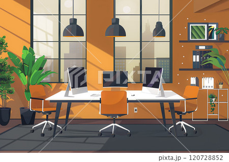 Flat design office setup, 3D animation, featuring workstations and a meeting area Flat design office setup, 3D animation, featuring workstations and a meeting area 120728852