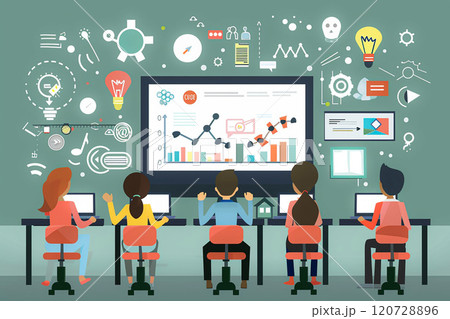 E-learning platform showcasing educators and virtual classrooms, online education tools 120728896