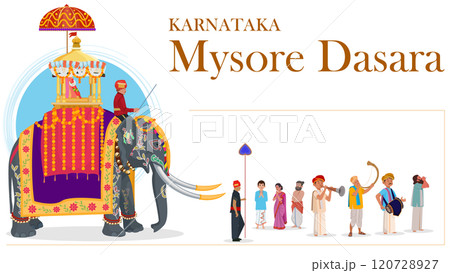 Mysore dasara elephant, Balarama was the lead elephant of the Mysore Dasara procession and carried the idol of goddess Chamundeshwari, Musician Performing in the Dasara Procession and People watching 120728927