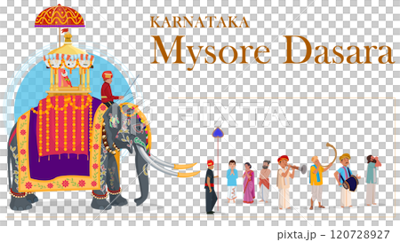 Mysore dasara elephant, Balarama was the lead elephant of the Mysore Dasara procession and carried the idol of goddess Chamundeshwari, Musician Performing in the Dasara Procession and People watching 120728927