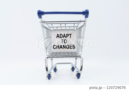 On a white background is a shopping cart with a sign that says - Adapt to Changes 120729076