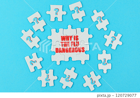 On a blue surface are puzzles with a question mark, in the center with the inscription - Why is the flu dangerous 120729077