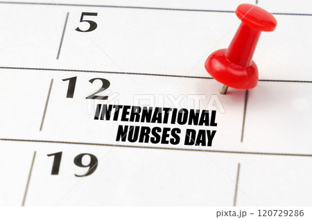 On the calendar grid, the date and name of the holiday - May 12 - International Nurses Day 120729286