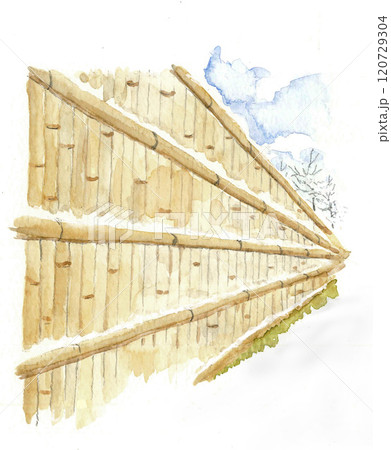 水彩で描いた竹柵のある雪景色の手描きイラスト 素材 コピースペース　 120729304