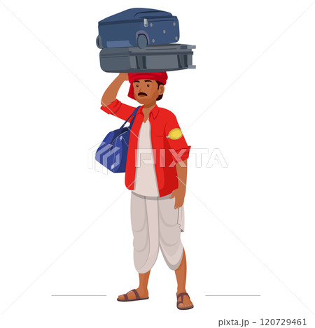 Indian railway porter, railway porter in red uniform carrying luggage at railway station Indian railway porter, railway porter in red uniform carrying luggage at railway station 120729461