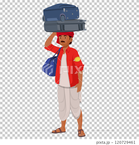 Indian railway porter, railway porter in red uniform carrying luggage at railway station Indian railway porter, railway porter in red uniform carrying luggage at railway station 120729461