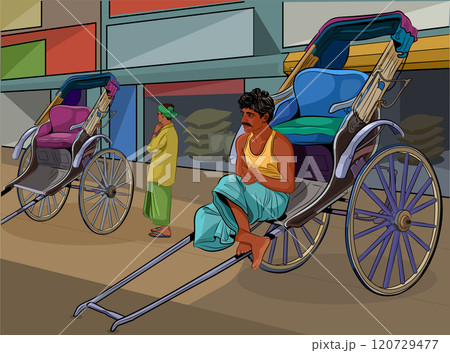 Indian rickshaw puller sitting on his rickshaw and waiting for passengers Indian rickshaw puller sitting on his rickshaw and waiting for passengers 120729477