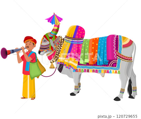 Decorated Ox, Indian folk man with decorated Ox playing musical instrument Decorated Ox, Indian folk man with decorated Ox playing musical instrument 120729655