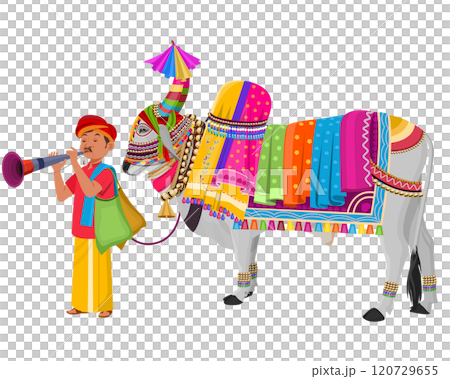 Decorated Ox, Indian folk man with decorated Ox playing musical instrument Decorated Ox, Indian folk man with decorated Ox playing musical instrument 120729655