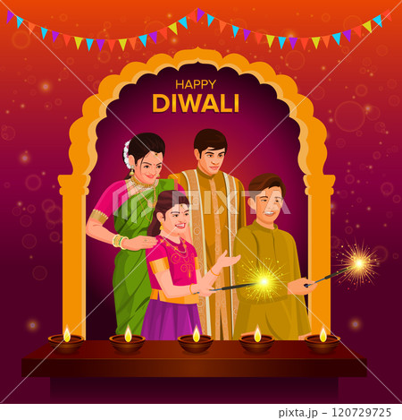 Happy Diwali with happy family, Indian festival of lights, Diwali celebration greeting card, holiday Background, 120729725