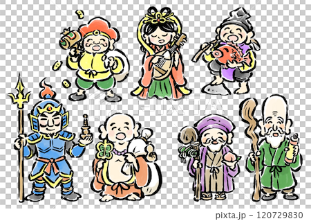 Seven Lucky Gods - Hand-drawn brush stroke standing pose illustration set Seven Lucky Gods - Hand-drawn brush stroke standing pose illustration set 120729830
