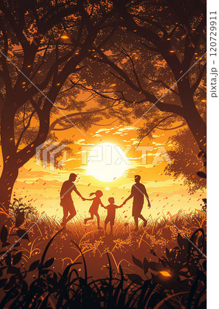 Vector paper cut family playing frisbee, sunny park, high resolution, warm natural light 120729911