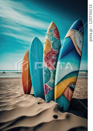 Surfboards on the beach. Generative Ai 120730218