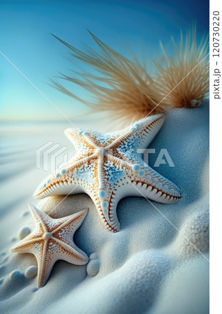Starfish and sea shells with sand as background 120730220
