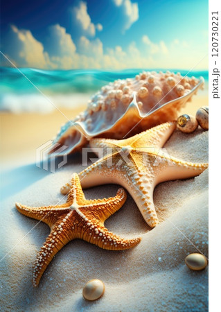 Starfish and sea shells with sand as background 120730221