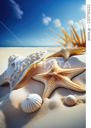 Starfish and sea shells with sand as background 120730222
