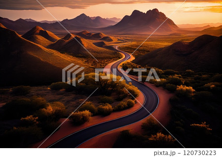 Serpentine Road Among Green Hills at sunset. Beautiful landscape. 120730223