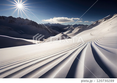 Ski slope with mountains on sunny day Ski slope with mountains on sunny day 120730289