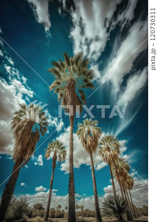 Tall palm trees and blue sky with clouds. Low angle view. Tropical nature. Generative Ai 120730311