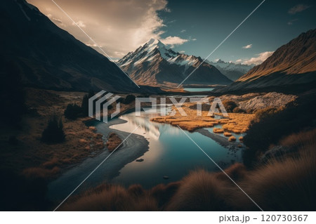 valley with a river. Magnificent mountains in the background. Impressive landscape. Generative Ai 120730367