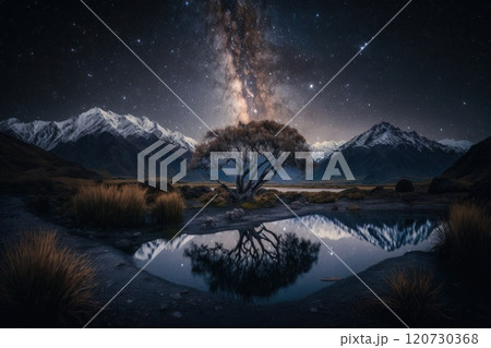 valley with a river at night. Magnificent mountains in the background. Impressive landscape. Generative Ai valley with a river at night. Magnificent mountains in the background. Impressive landscape. Generative Ai 120730368