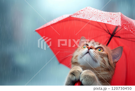 Cat enjoys a rainy day under a red umbrella 120730450
