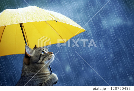 Cat with yellow umbrella during rainy weather 120730452