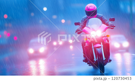 Riding a pink motorcycle in heavy rain at night 120730453