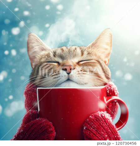 Cozy cat enjoying warm beverage in winter wonderland 120730456