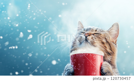 Cat enjoys warm drink in snowy winter setting 120730457
