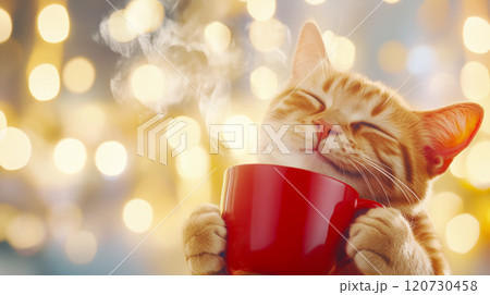Cozy cat enjoying warm drink amid festive lights 120730458