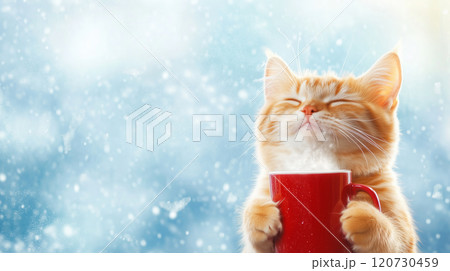 Cat enjoys warm drink in snowy winter setting 120730459