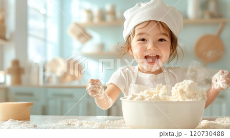 Happy child baking in a cozy kitchen during the day 120730488