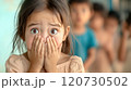 A young girl with wide eyes shows visible fear as she covers her face with her hands 120730502