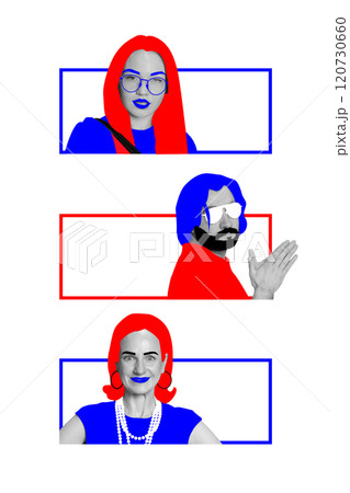 Contemporary art collage. Three individuals styled with bold red and blue accents, celebrating diversity and creativity. 120730660