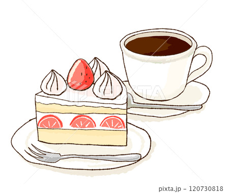 シンプルなケーキセットのイラスト(ショートケーキ、コーヒー) シンプルなケーキセットのイラスト(ショートケーキ、コーヒー) 120730818